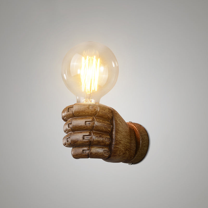 Resin Fist Wall Mounted Light Artistry 1-Bulb Wall Sconce in White/Black/Distressed Wood for Restaurant