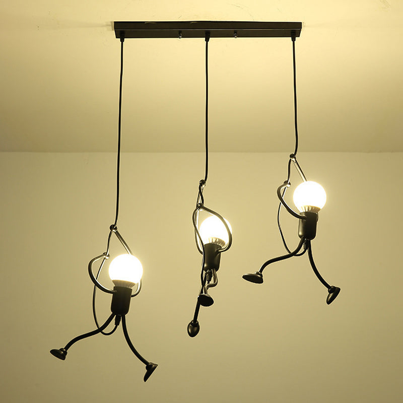 Small Man Hanging Ceiling Light Artistic Metallic 1/3-Head Bedroom Pendant in Black