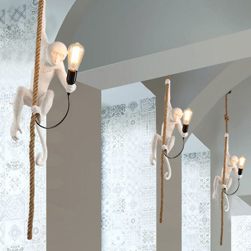 Monkey Resin Monkey Light a soffitto appeso moderno lampada a sospensione bianca a 1 luce con corda di corda