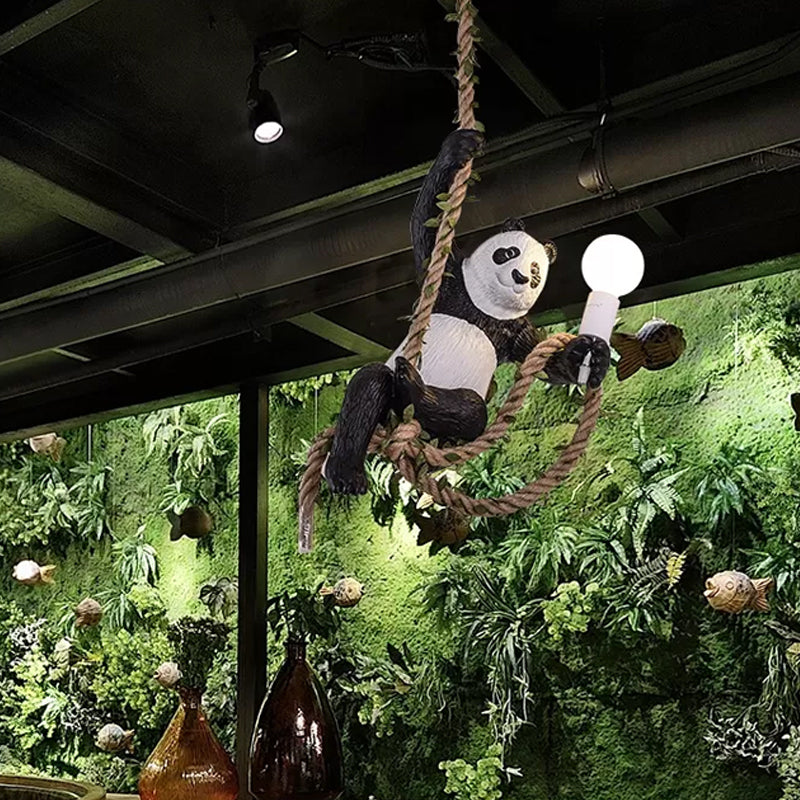 White and Black Panda Hanging Lamp Artistic 1-Bulb Rope Pendant Ceiling Light for Restaurant