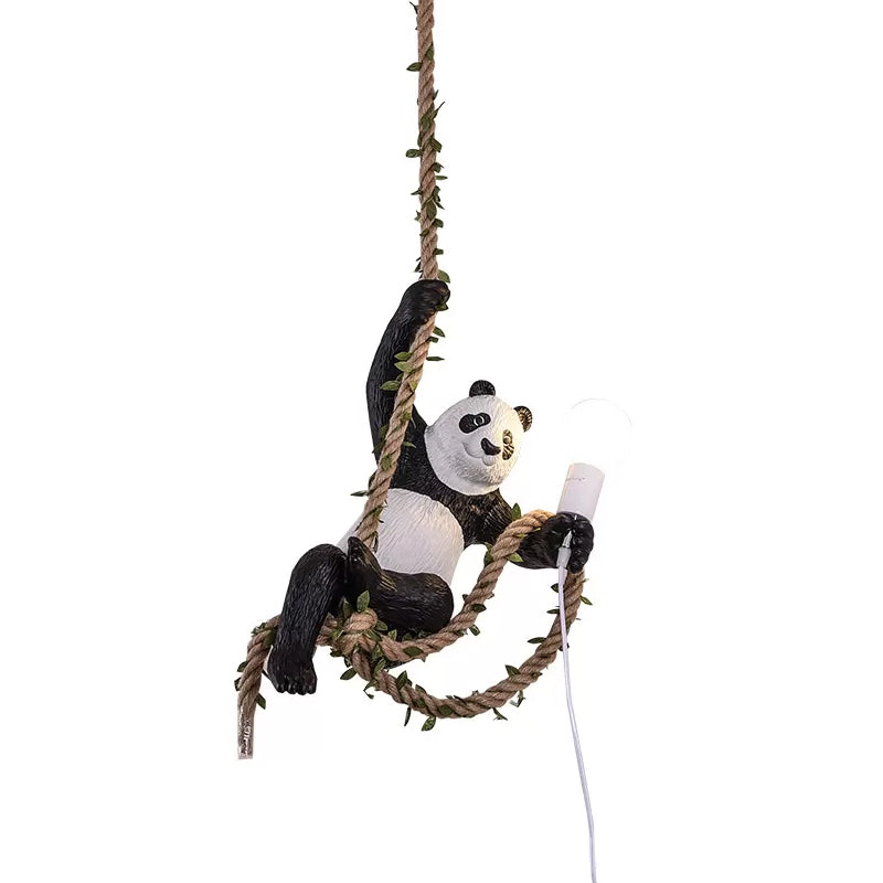 White and Black Panda Hanging Lamp Artistic 1-Bulb Rope Pendant Ceiling Light for Restaurant