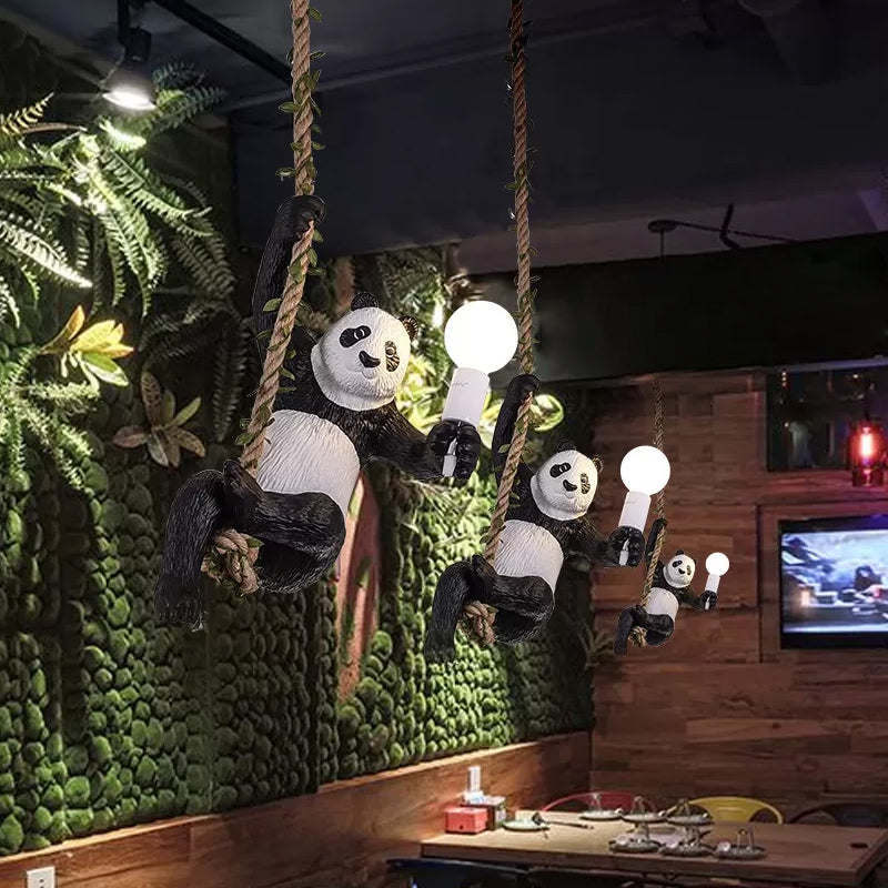 White and Black Panda Hanging Lamp Artistic 1-Bulb Rope Pendant Ceiling Light for Restaurant