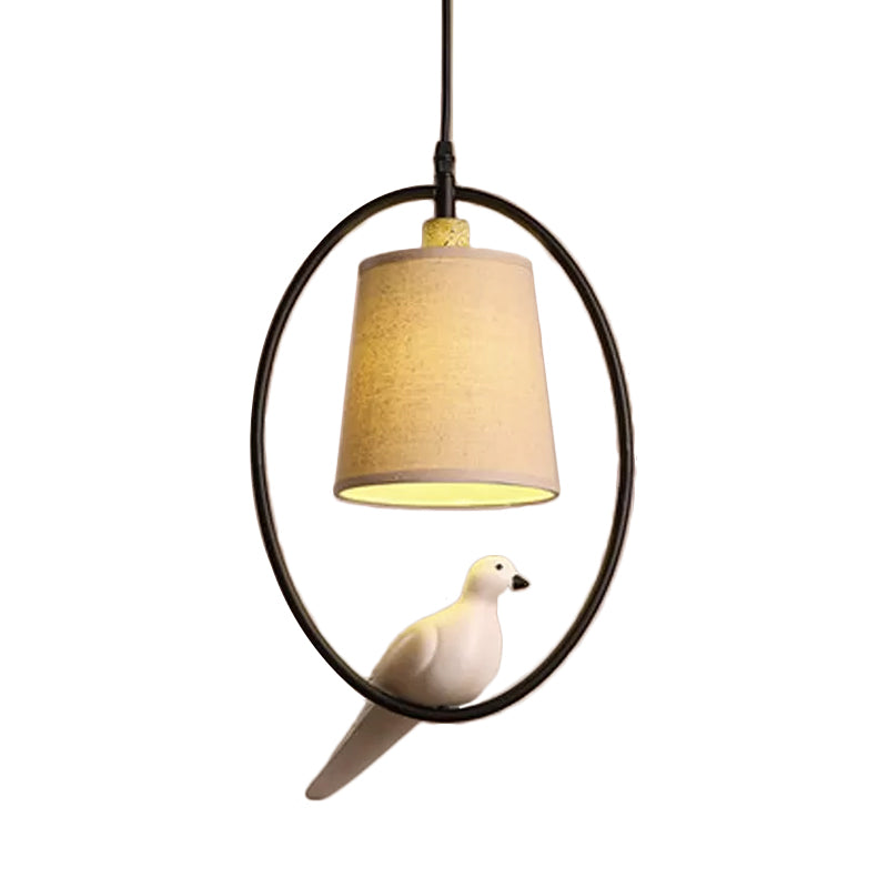 Cone Pendant Ceiling Light Artistic Fabric 1-Light White/Black Hanging Light with Bird Decor and Oval Frame
