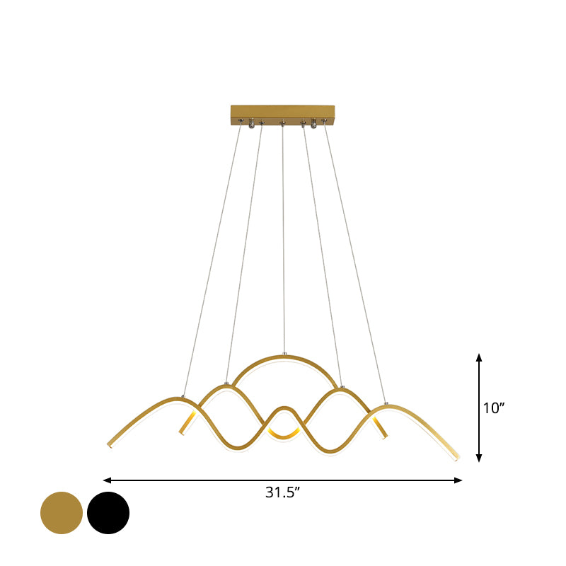 Gold/Black Wavy Chandelier Lamp Minimalist Metallic LED Hanging Pendant with Landscape Design, Warm/White Light