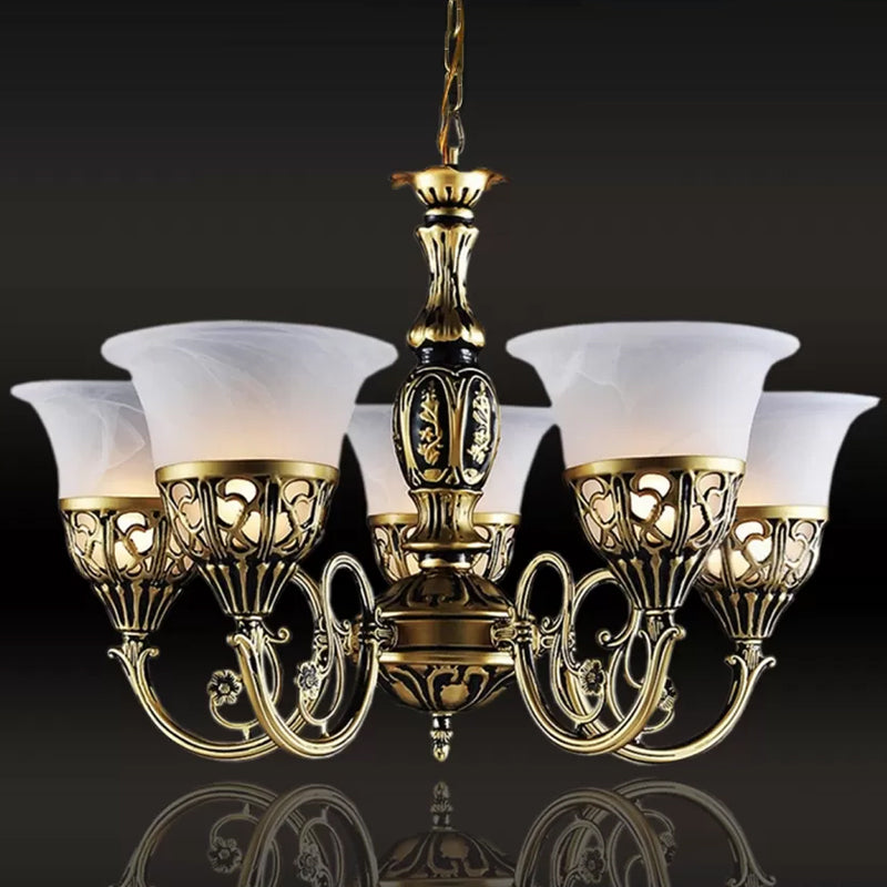 Vintage Bell Hanging Deckenleuchte 5 Lampen Opal Frostedglas Kronleuchter mit Schriftrollenarm in Bronze