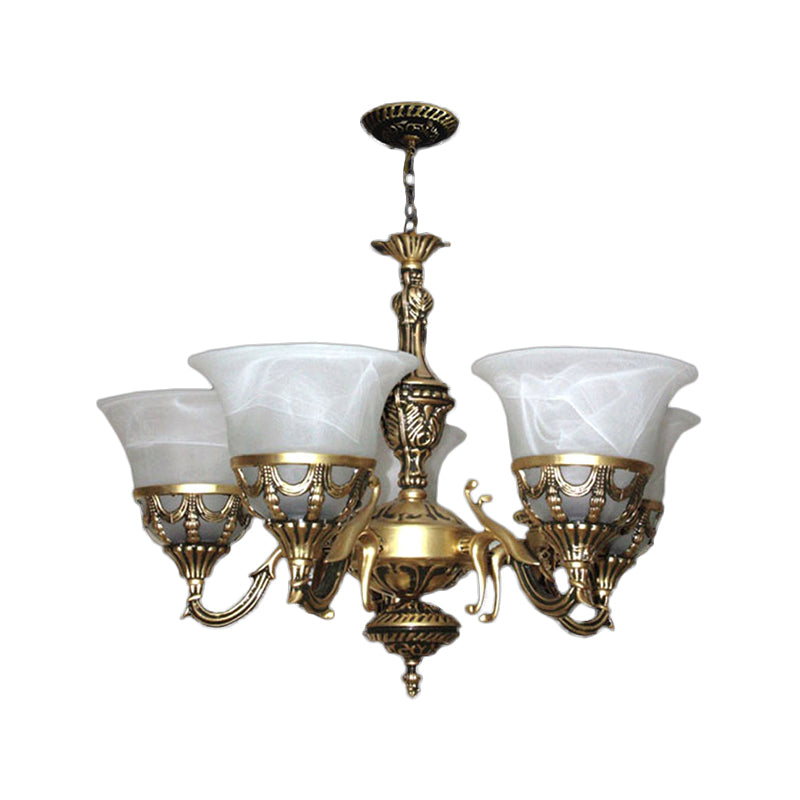 5 lichten Bell Up kroonluchter traditionele bronzen albast glazen hangende lamp voor eetkamer