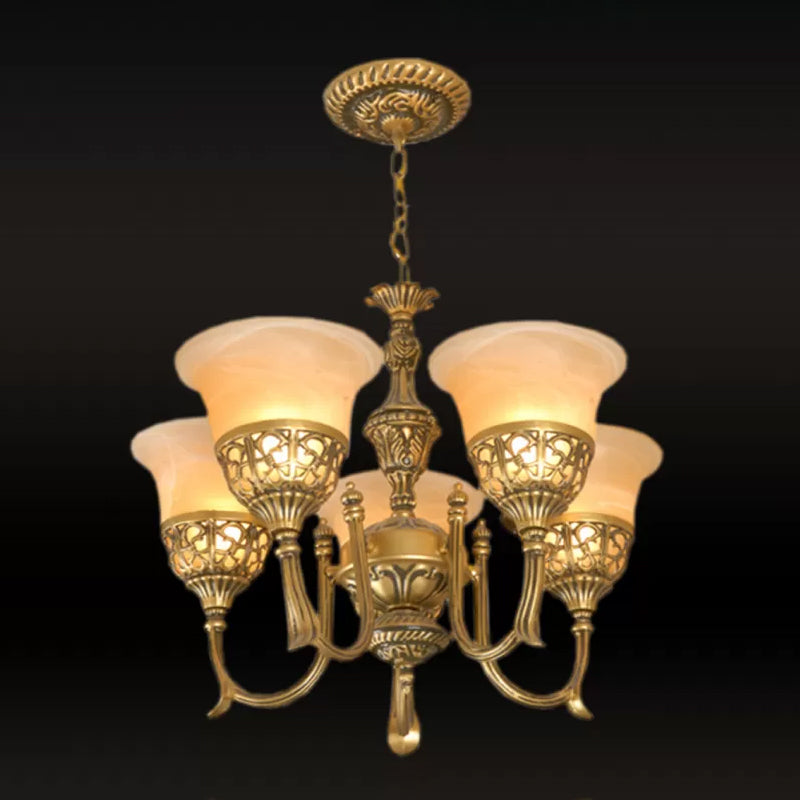 Bronze 5-lichting omhoog kroonluchter verouderde stijl matglas wijd uitlopende plafond hanglamp