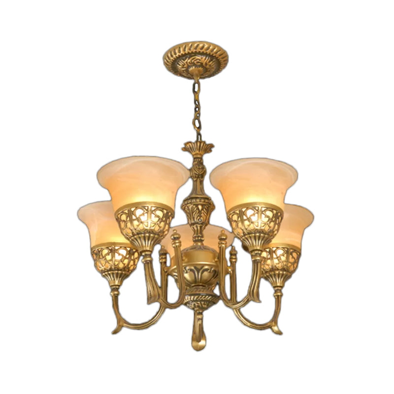 Bronze 5-lichting omhoog kroonluchter verouderde stijl matglas wijd uitlopende plafond hanglamp