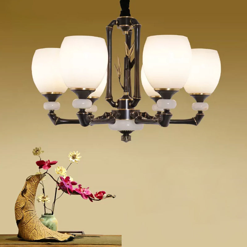 Zwarte bel hangverlichting vintage crème glas 6 koppen eetkamer hangende kroonluchter