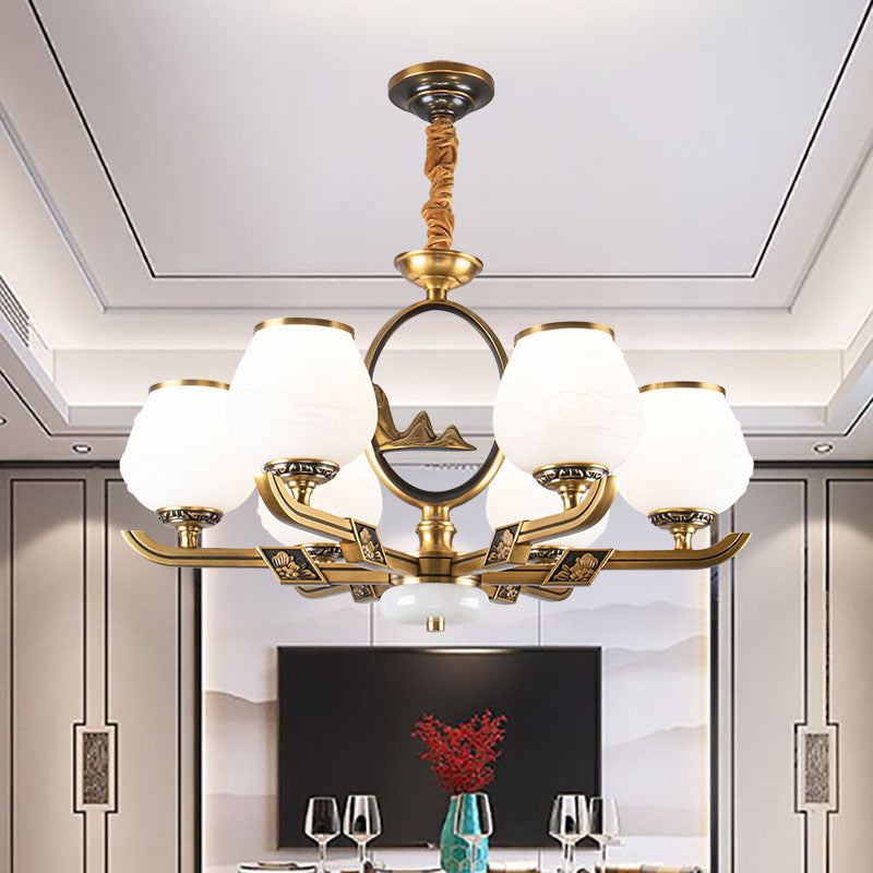6 lichten kroonluchter lamp traditionele eetkamer hangend licht met knop witte glazen schaduw in messing