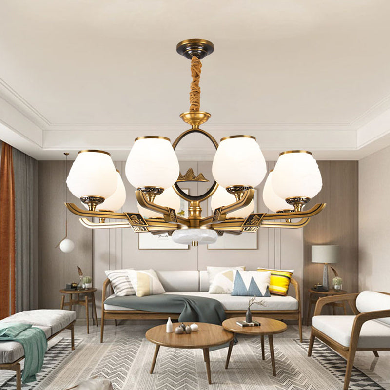 6 lichten kroonluchter lamp traditionele eetkamer hangend licht met knop witte glazen schaduw in messing