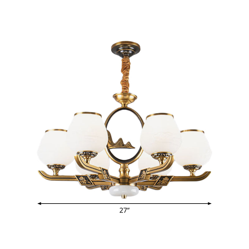 6 lichten kroonluchter lamp traditionele eetkamer hangend licht met knop witte glazen schaduw in messing