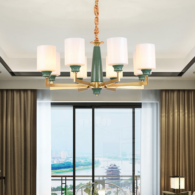 3/8/12 Lichten Cilindrische kroonluchter Retro Emerald White Glass Opgehangen verlichtingsarmatuur