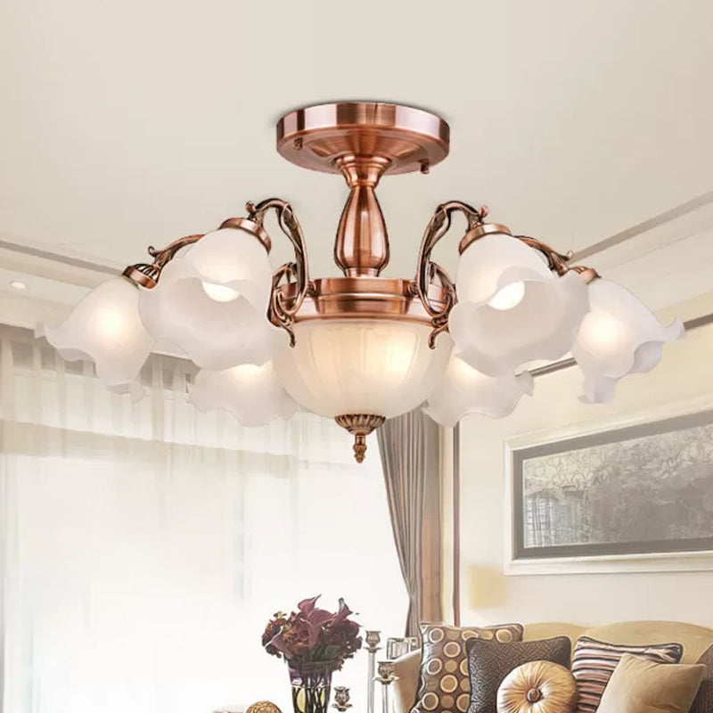 Bronze/Copper 8 Bulbs Semi Flush Light Rustic Opal Frosted Glass Ruffled Ceiling Mount Chandelier