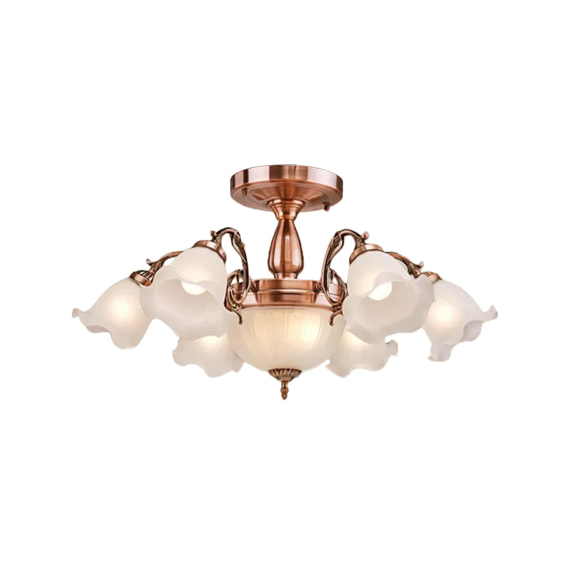 Bronze/Copper 8 Bulbs Semi Flush Light Rustic Opal Frosted Glass Ruffled Ceiling Mount Chandelier