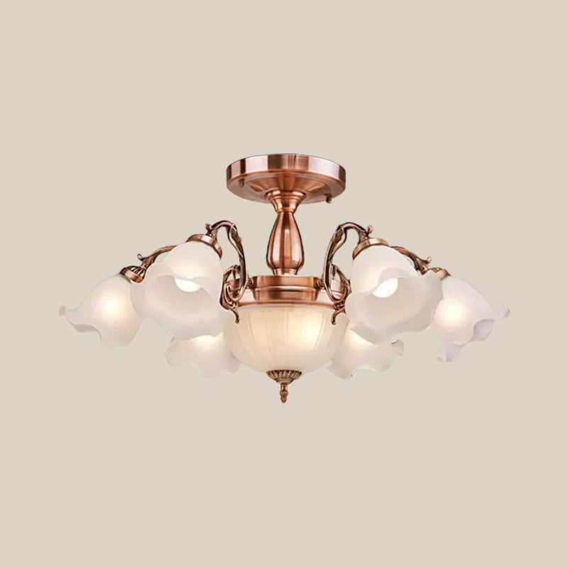Bronze/Copper 8 Bulbs Semi Flush Light Rustic Opal Frosted Glass Ruffled Ceiling Mount Chandelier