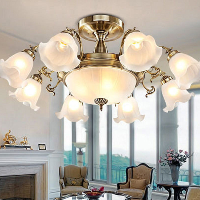 Bronze/Copper 8 Bulbs Semi Flush Light Rustic Opal Frosted Glass Ruffled Ceiling Mount Chandelier