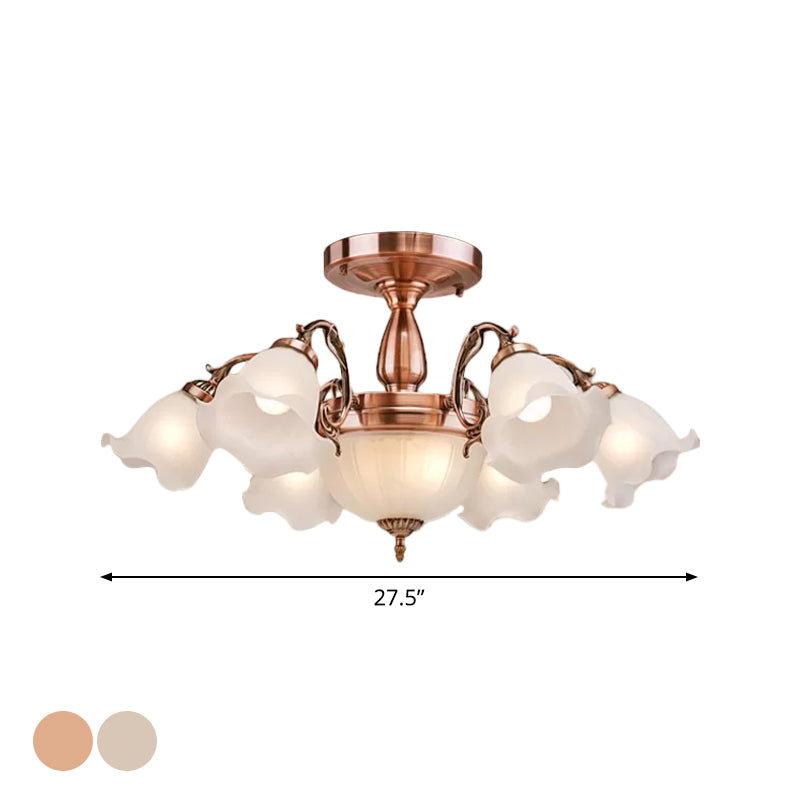 Bronze/Copper 8 Bulbs Semi Flush Light Rustic Opal Frosted Glass Ruffled Ceiling Mount Chandelier