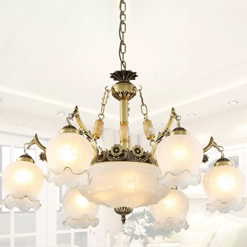 Traditionele bloemen hanglamp lichtarmatuur 9-bulb mat wit glas kroonluchter lamp in brons