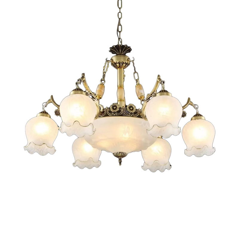 Traditionele bloemen hanglamp lichtarmatuur 9-bulb mat wit glas kroonluchter lamp in brons