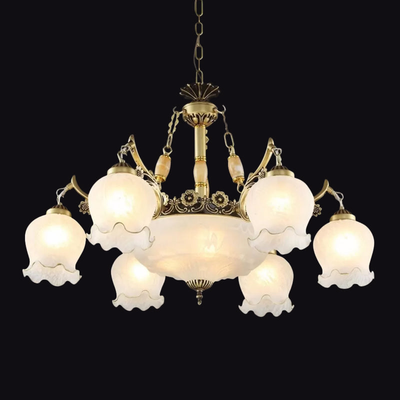Traditionele bloemen hanglamp lichtarmatuur 9-bulb mat wit glas kroonluchter lamp in brons