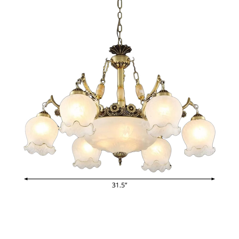 Traditionele bloemen hanglamp lichtarmatuur 9-bulb mat wit glas kroonluchter lamp in brons