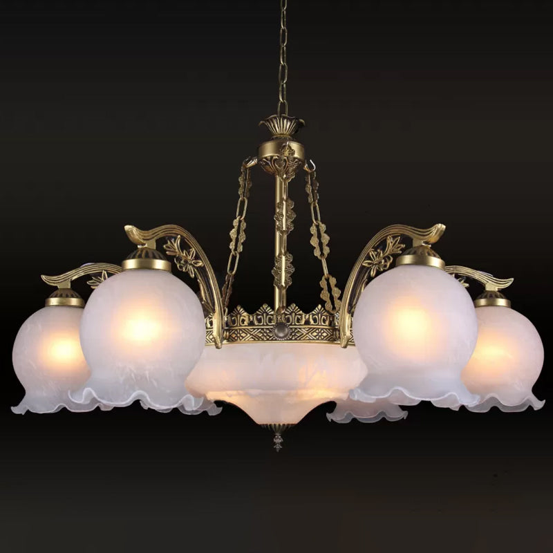 9 Lights Half-Bloom Ceiling Chandelier Rustic Brass White Glass Hanging Pendant Light