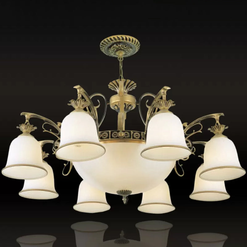 Rustic Carillon Chandelier Lighting 11 Heads White Glass Suspended Lighting Fixture in Brass