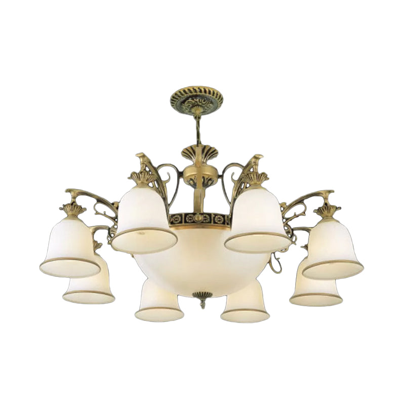 Rustic Carillon Chandelier Lighting 11 Heads White Glass Suspended Lighting Fixture in Brass