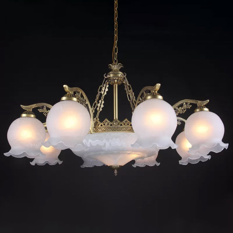11 bulb con volantes por la casa de araña de araña bronce vidrio blanco de bronce luz de techo colgante