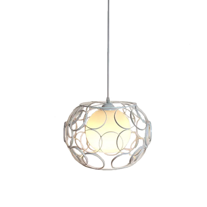 Black/White 1 Head Hanging Light Loft Metal Spring/Ova/Octagon Ceiling Pendant with Inner Globe Opal Glass Shade