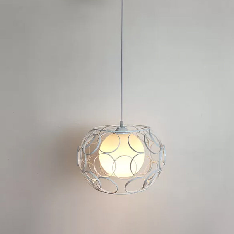 Black/White 1 Head Hanging Light Loft Metal Spring/Ova/Octagon Ceiling Pendant with Inner Globe Opal Glass Shade