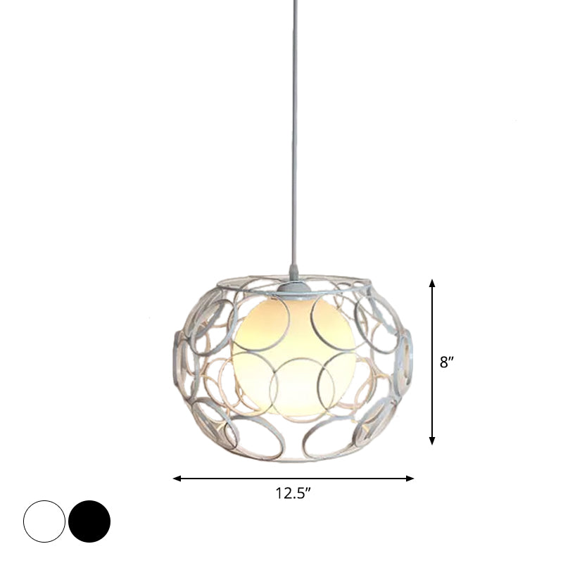 Black/White 1 Head Hanging Light Loft Metal Spring/Ova/Octagon Ceiling Pendant with Inner Globe Opal Glass Shade