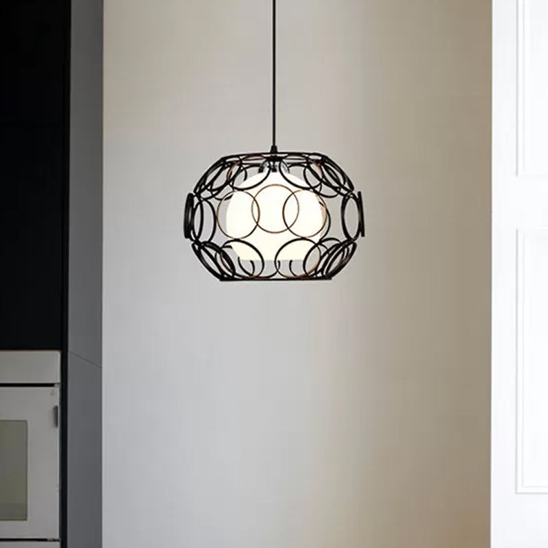 Black/White 1 Head Hanging Light Loft Metal Spring/Ova/Octagon Ceiling Pendant with Inner Globe Opal Glass Shade