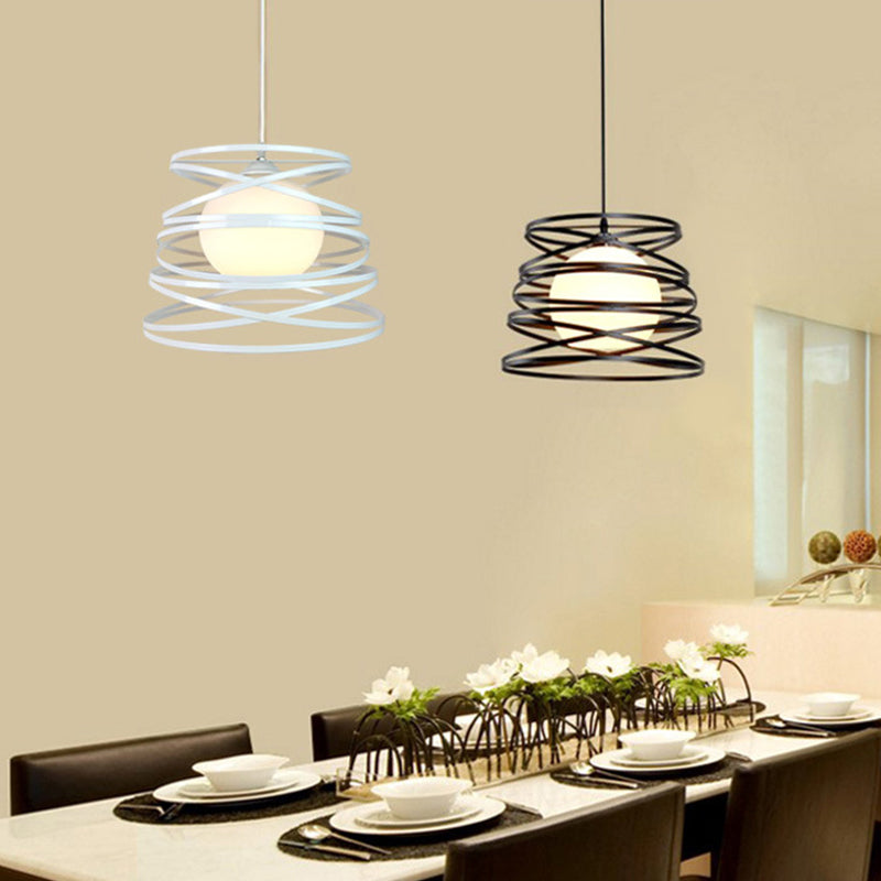 Black/White 1 Head Hanging Light Loft Metal Spring/Ova/Octagon Ceiling Pendant with Inner Globe Opal Glass Shade