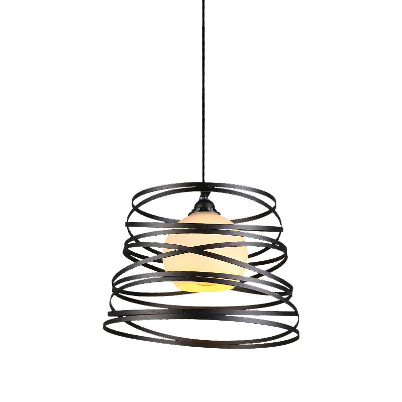 Black/White 1 Head Hanging Light Loft Metal Spring/Ova/Octagon Ceiling Pendant with Inner Globe Opal Glass Shade