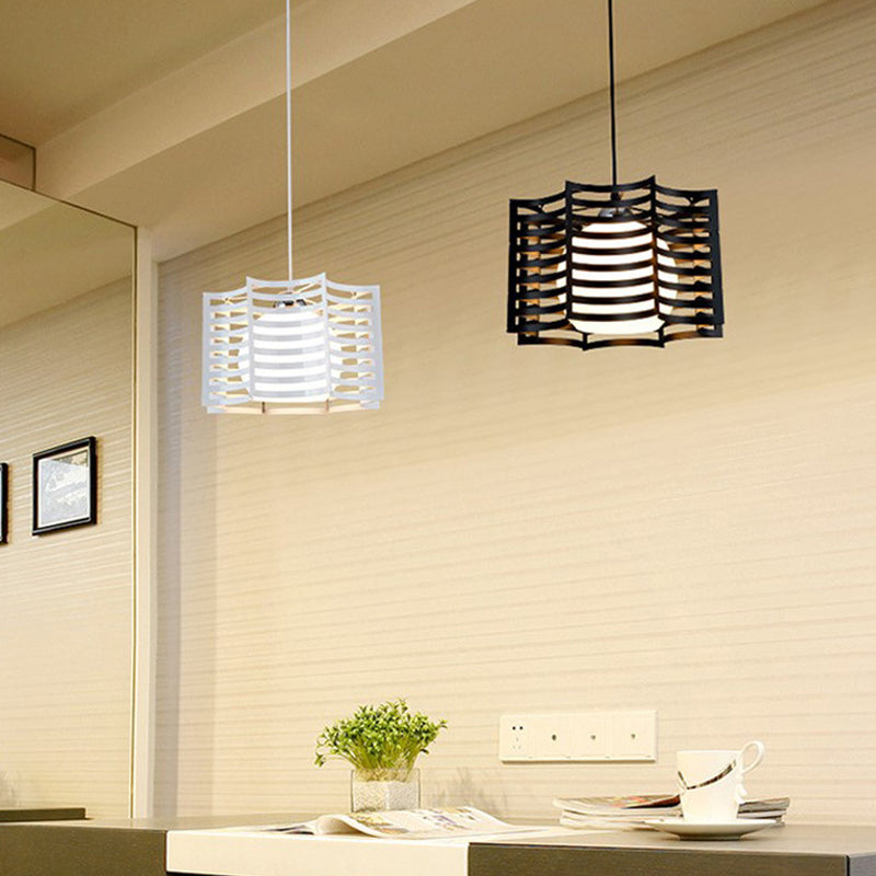 Black/White 1 Head Hanging Light Loft Metal Spring/Ova/Octagon Ceiling Pendant with Inner Globe Opal Glass Shade