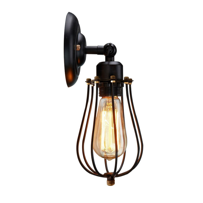 1 Bulb Adjustable Wall Lighting Ideas Loft Style Bedroom Wall Lamp with Pear Iron Cage in Black