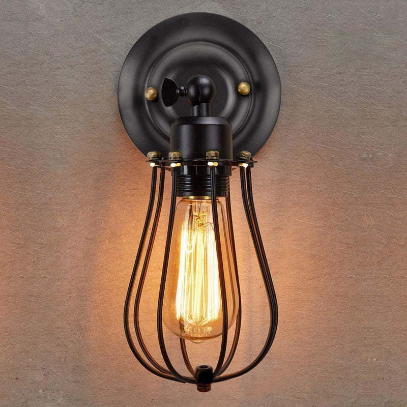 1 Bulb Adjustable Wall Lighting Ideas Loft Style Bedroom Wall Lamp with Pear Iron Cage in Black