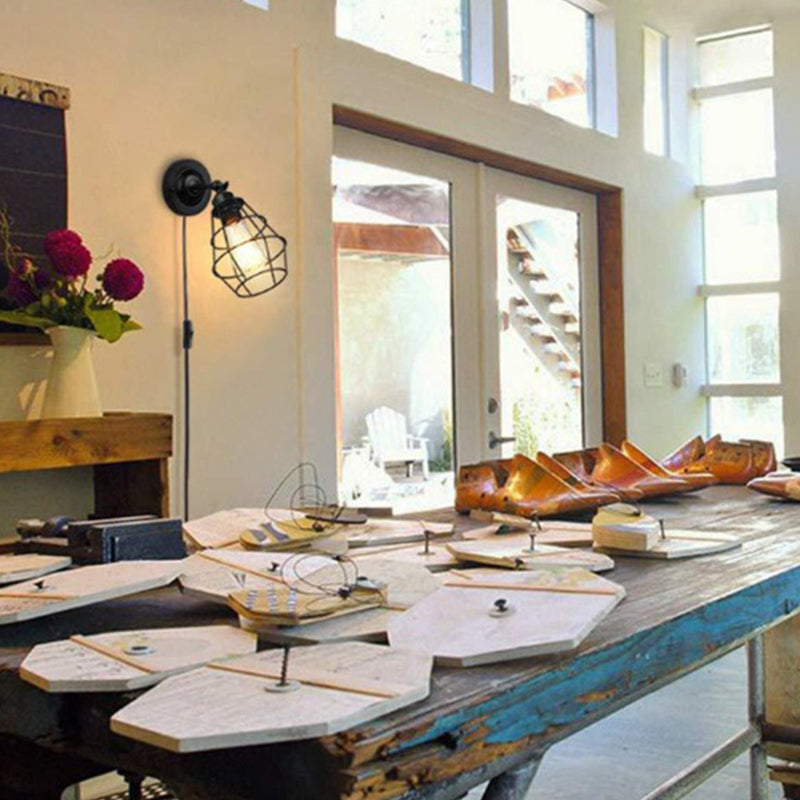 Iron Wire Cage Rotating Wall Lamp Rustic 1 Light Bedroom Reading Wall Light in Black with/without Switch