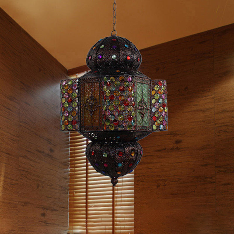 Moroccan Lantern Hanging Light Kit Handcrafted Stained Glass 1 Bulb Suspension Pendant in Copper