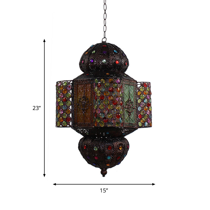 Moroccan Lantern Hanging Light Kit Handcrafted Stained Glass 1 Bulb Suspension Pendant in Copper