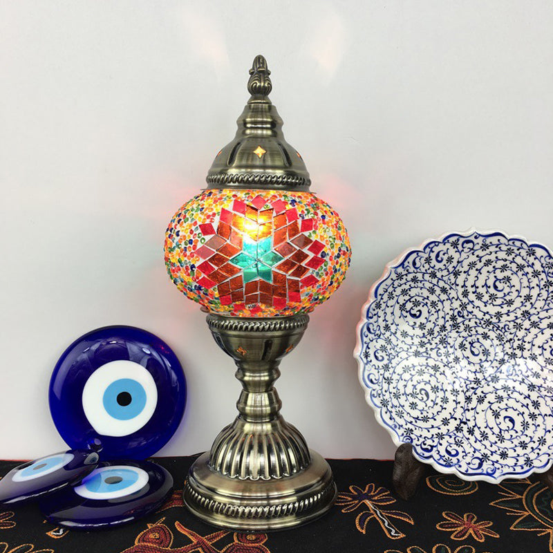 Single Night Stand Light Turkish Bedroom Table Lamp with Spherical Yellow/Red/Blue Glass Shade in Bronze