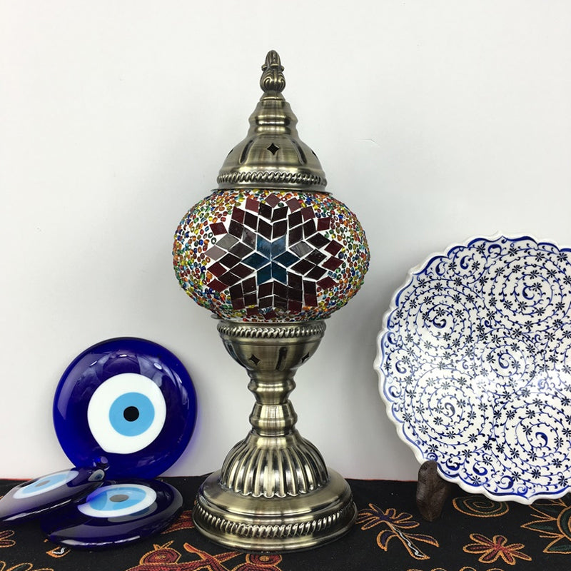 Single Night Stand Light Turkish Bedroom Table Lamp with Spherical Yellow/Red/Blue Glass Shade in Bronze