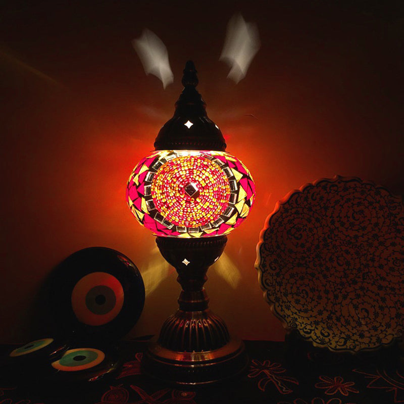 Single Night Stand Light Turkish Bedroom Table Lamp with Spherical Yellow/Red/Blue Glass Shade in Bronze