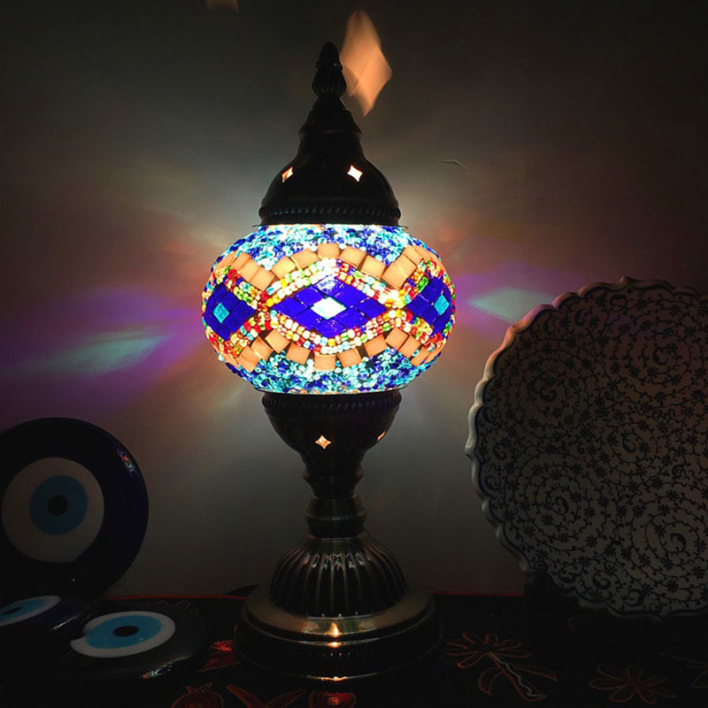 Single Night Stand Light Turkish Bedroom Table Lamp with Spherical Yellow/Red/Blue Glass Shade in Bronze