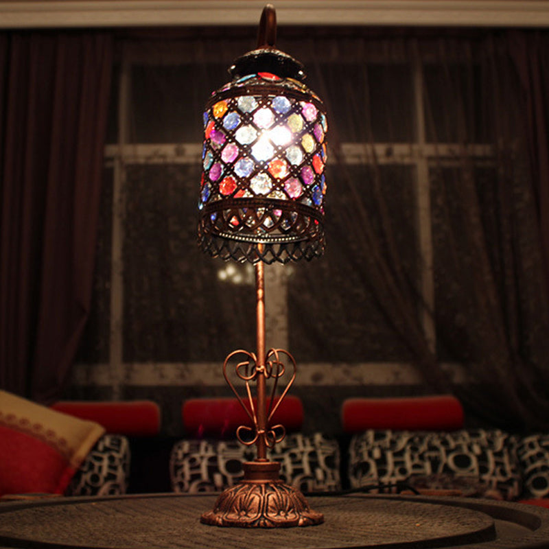1-licht Gooseneck nachtkastje lamp Bohemen koper gebrandschilderd glas kralen tafellicht met zwanenhals arm