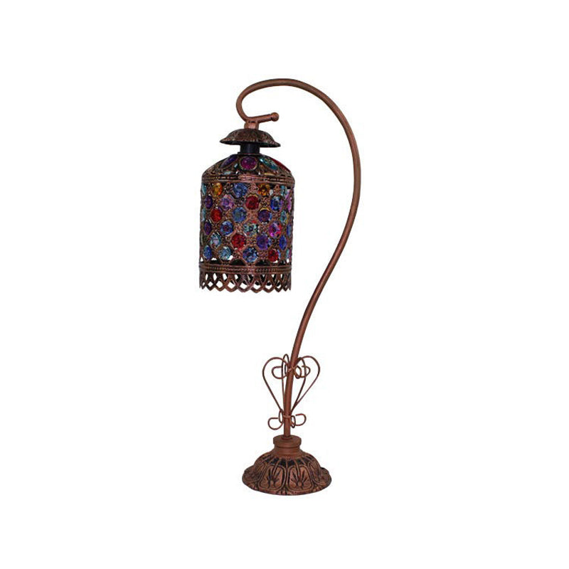 1-licht Gooseneck nachtkastje lamp Bohemen koper gebrandschilderd glas kralen tafellicht met zwanenhals arm