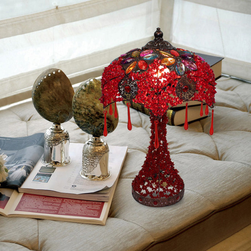 Lampada da comodino a 1 luci Bohemian macchiata di vetrata ciotola scavata da tavolo con base svasata in viola/rosso