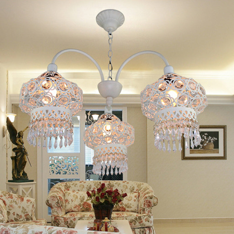 3-Head Beaded Lantern Chandelier Turkish White/Red Acrylic Hollowed-out Hanging Ceiling Light for Dining Room
